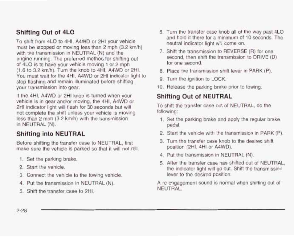 Shifting into neutral, Shifting out of 4lo, Shitting out of neutral | GMC 2003 Envoy User Manual | Page 97 / 458
