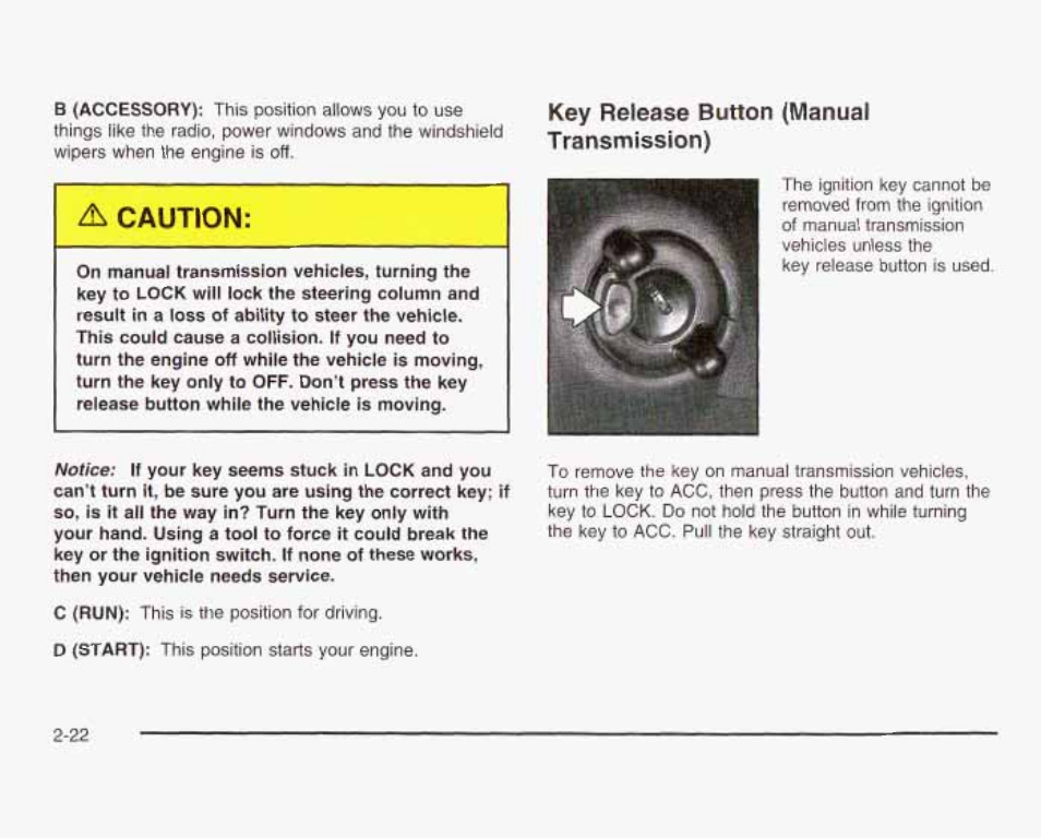 Key release button (manual transmission) | GMC 2003 Sierra User Manual | Page 109 / 556