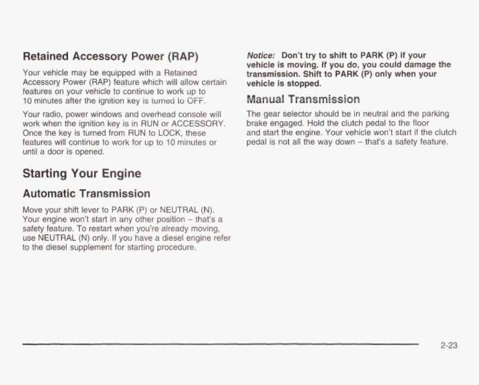 Retained accessory power (rap), Mamiat transmission, Starting your engine automatic transmission | Starting your engine, Automatic transmission | GMC 2003 Sierra User Manual | Page 110 / 556