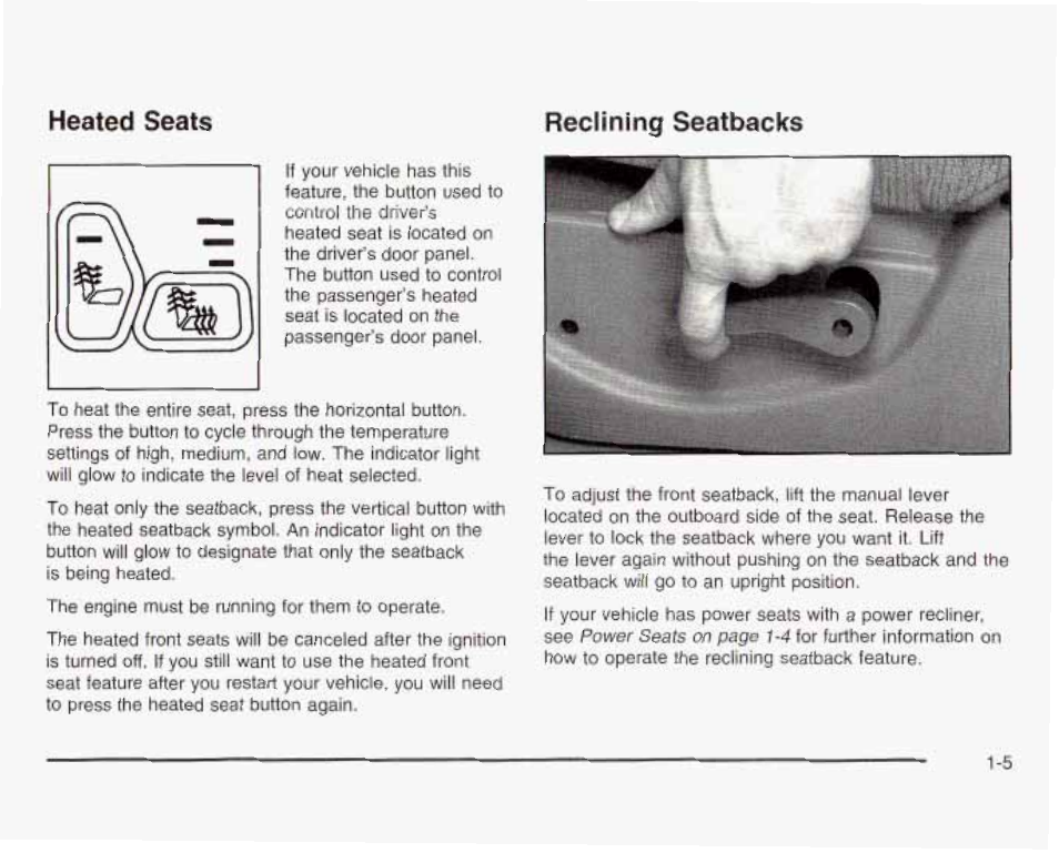 Reclining seatbacks, Heated seats reclining seatbacks | GMC 2003 Sierra User Manual | Page 12 / 556