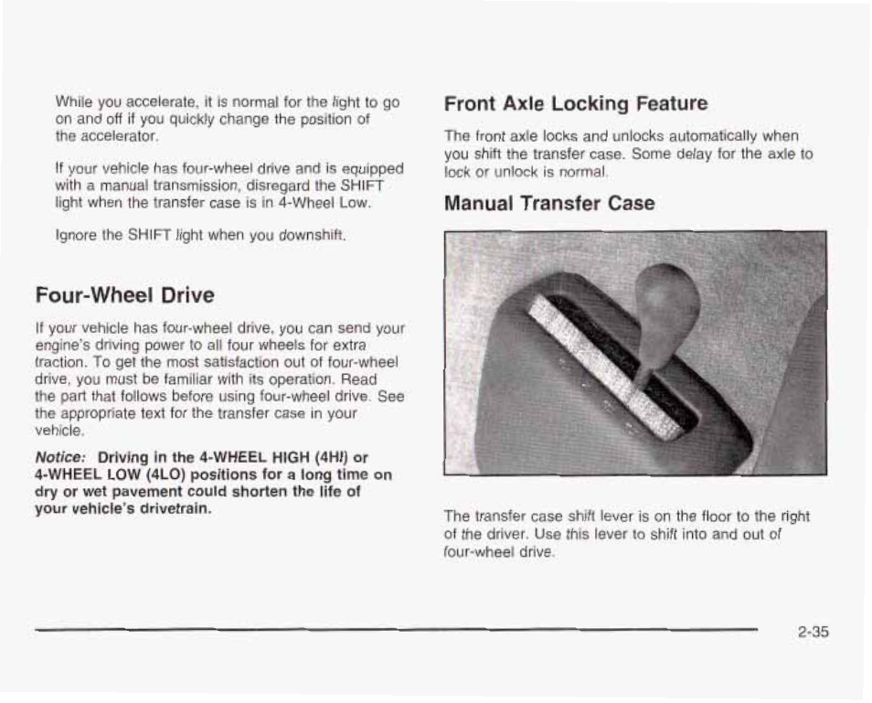 Four-wheel drive, Manual transfer case, Front axle locking feature | GMC 2003 Sierra User Manual | Page 122 / 556