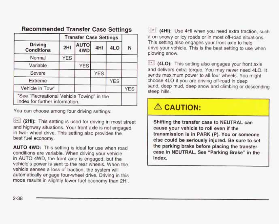 Recommended transfer case settings, Д caution | GMC 2003 Sierra User Manual | Page 125 / 556