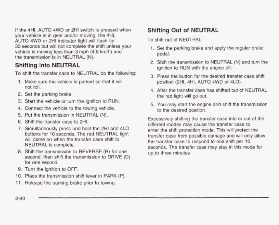 Shifting into neutral, Shifting out of neutral | GMC 2003 Sierra User Manual | Page 127 / 556