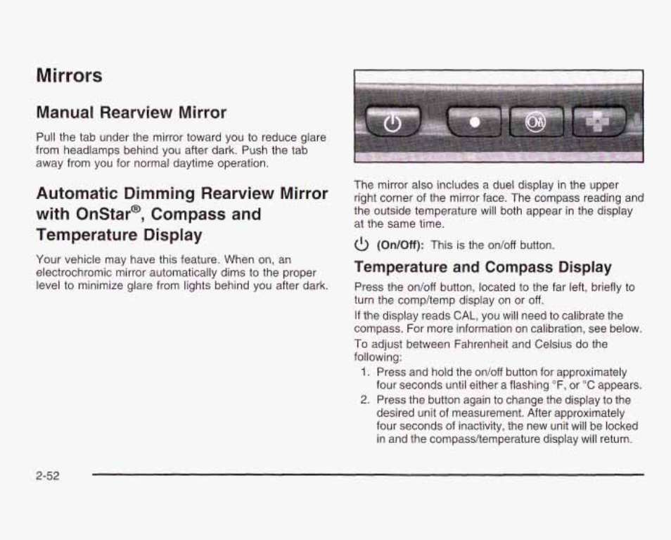 Mirrors, Manual rearview mirror, Automatic dimming rearview mirror with onstar | Compass and temperature display, Temperature aruf compass display | GMC 2003 Sierra User Manual | Page 139 / 556