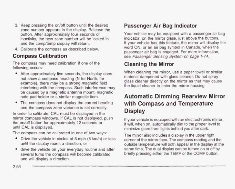 Compass calibration, Cleaning the mirror, Passenger air bag indicator | GMC 2003 Sierra User Manual | Page 141 / 556