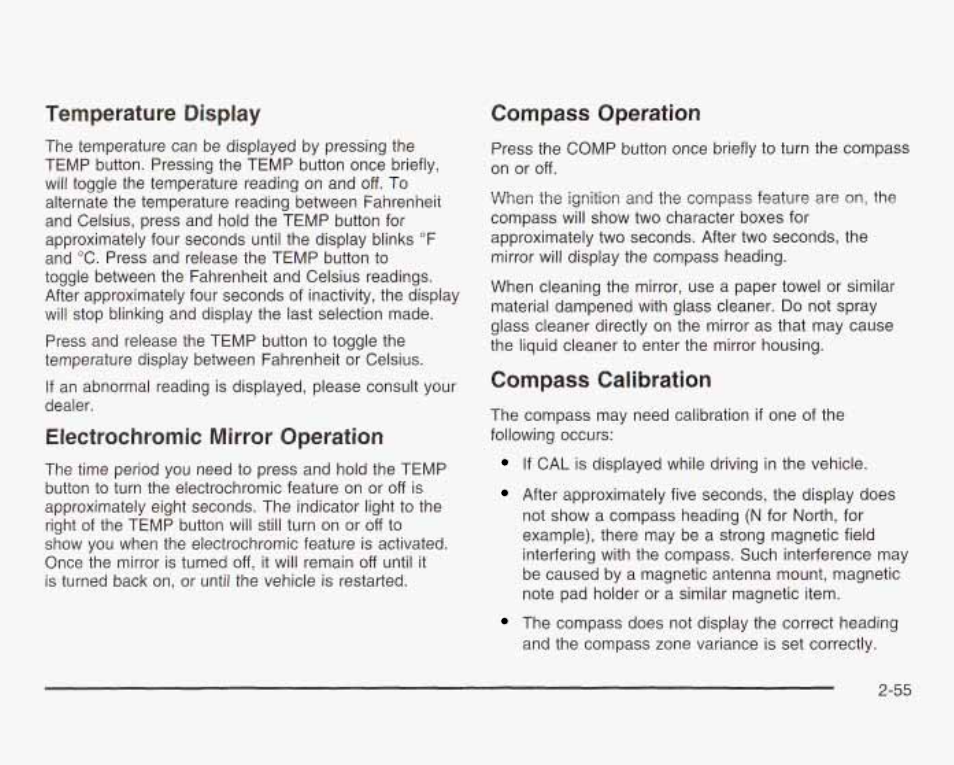 Ternperature disptay, Ejec tro chromic mirror operation, Compass operation | Compass calibration | GMC 2003 Sierra User Manual | Page 142 / 556