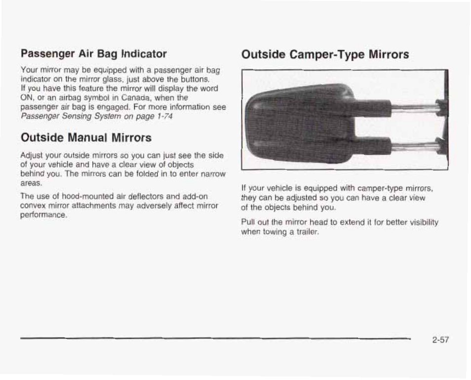 Outside manual mirrors, Outside camper-type mirrors, Passenger air bag indicator | GMC 2003 Sierra User Manual | Page 144 / 556