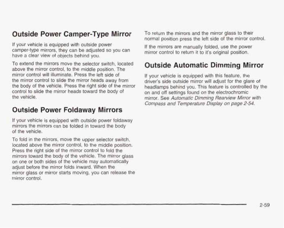 Outside power foidaway mirrors, Outside automatic dim,ming mirror, Outside power camper-type mirror | GMC 2003 Sierra User Manual | Page 146 / 556