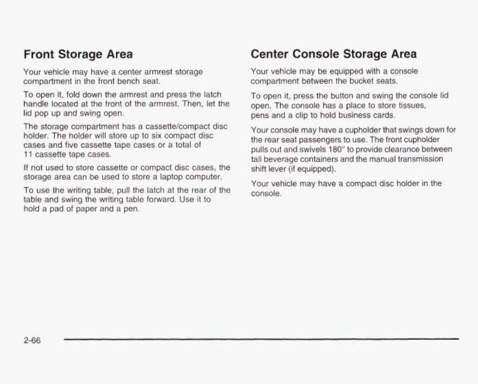 Front storage area, Center console storage area, Center console storage area -66 | GMC 2003 Sierra User Manual | Page 153 / 556