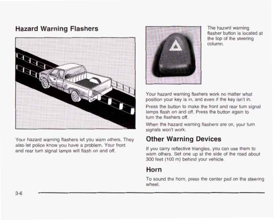 Hazard warning flashers, Other warning devices, Horn | GMC 2003 Sierra User Manual | Page 161 / 556