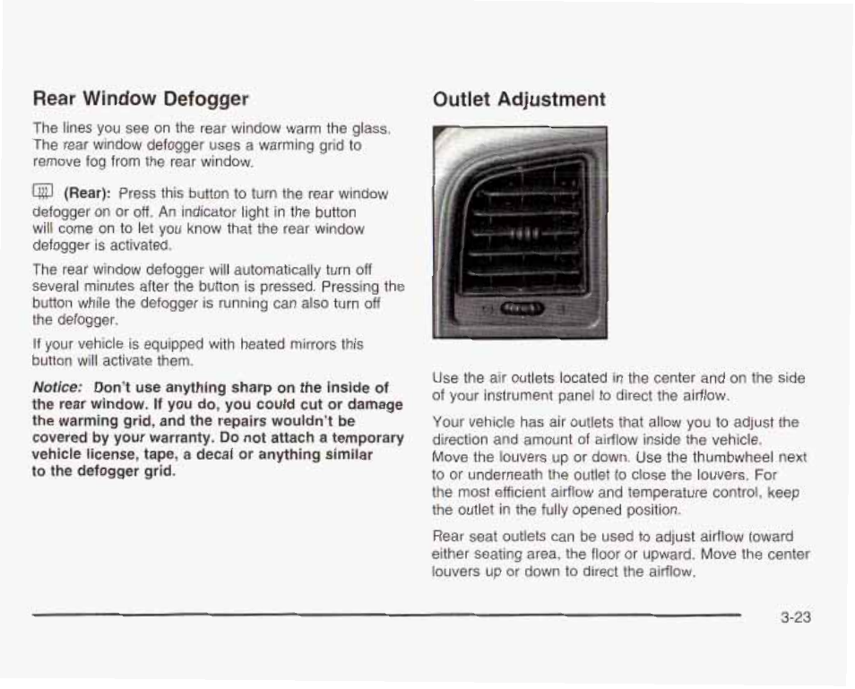 Rear window defogger, Outlet adjustment | GMC 2003 Sierra User Manual | Page 178 / 556