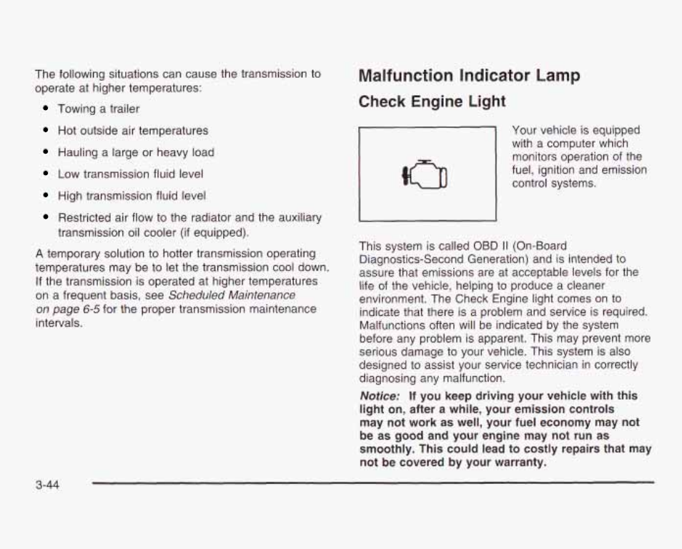 Malfunction indicator lamp check engine light | GMC 2003 Sierra User Manual | Page 199 / 556