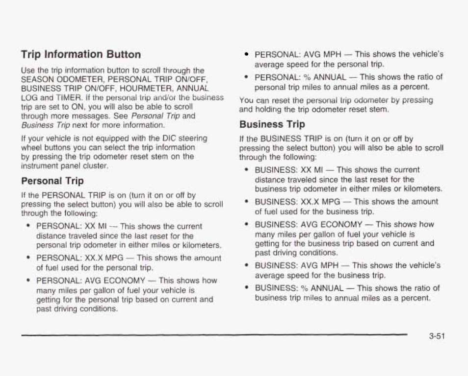 Trip fnformation button, Personai trip, Business trip | GMC 2003 Sierra User Manual | Page 206 / 556