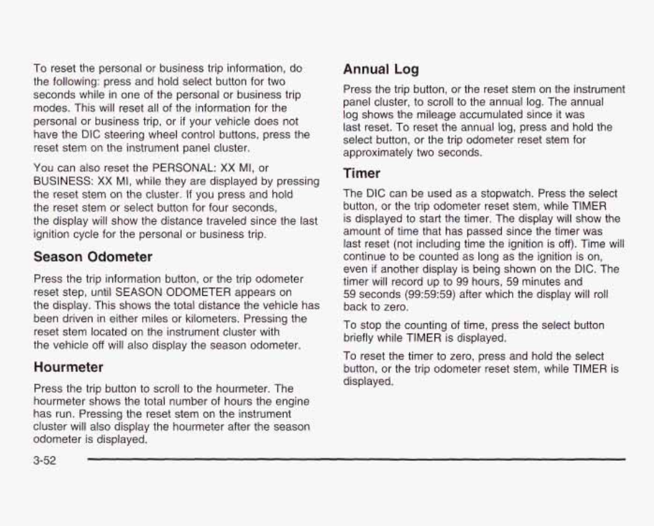 Season odometer, Hourmeter, Annual log | Ttmef | GMC 2003 Sierra User Manual | Page 207 / 556