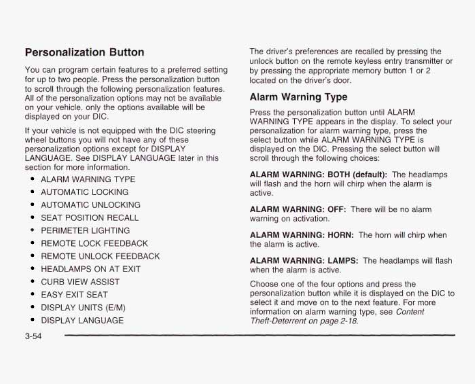 Persortafization button, Alarm warning type | GMC 2003 Sierra User Manual | Page 209 / 556