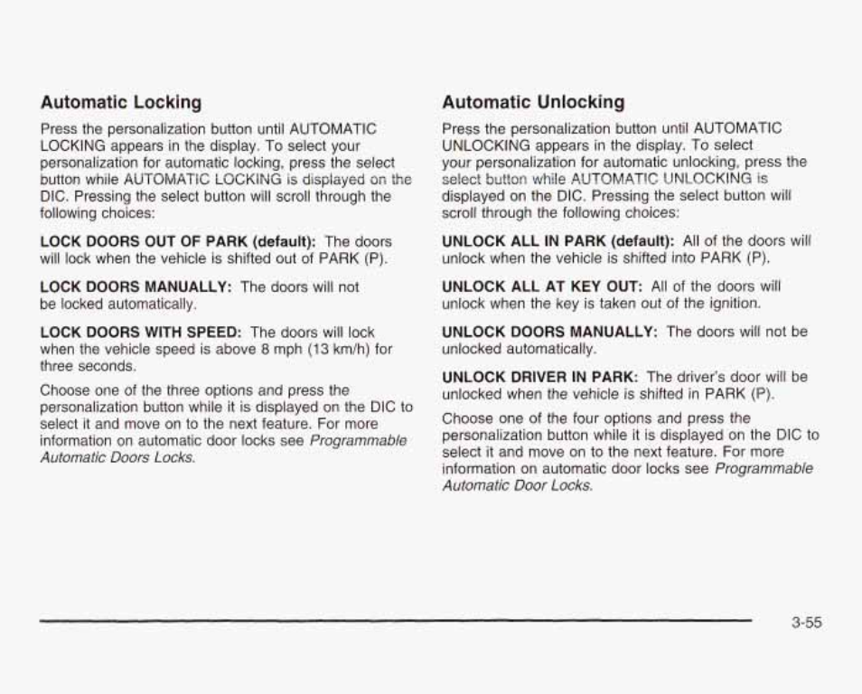 Automatic locking, Automatic unlocking | GMC 2003 Sierra User Manual | Page 210 / 556