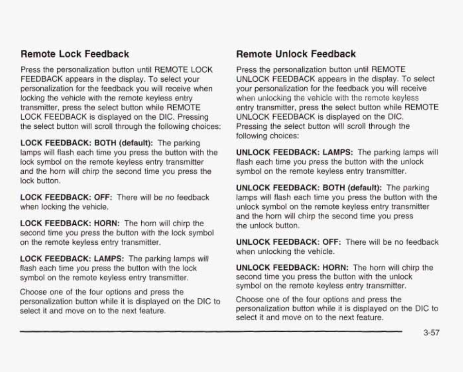 Remote lock feedback remote unlock feedback | GMC 2003 Sierra User Manual | Page 212 / 556