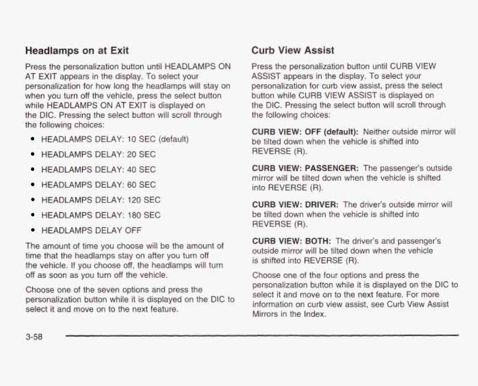 Headlamps, At exit, Curb view assist | GMC 2003 Sierra User Manual | Page 213 / 556