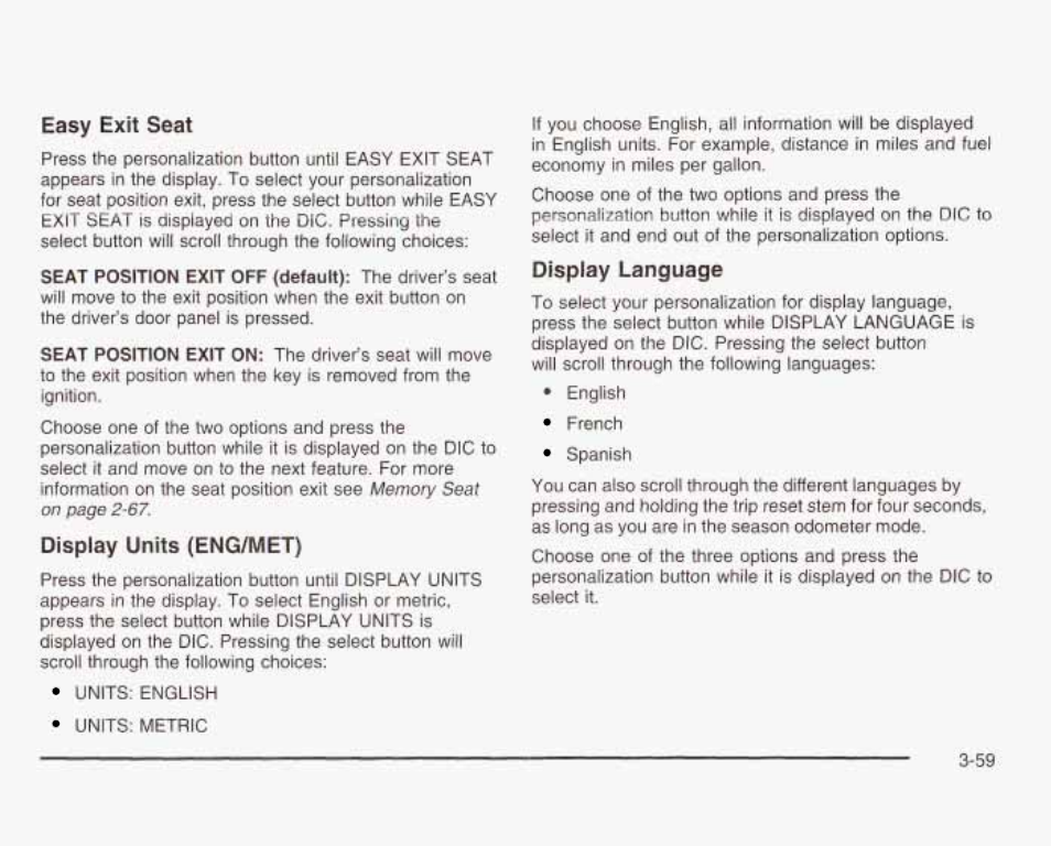 Easy exit seat, Display units (emg/met), Display language | GMC 2003 Sierra User Manual | Page 214 / 556