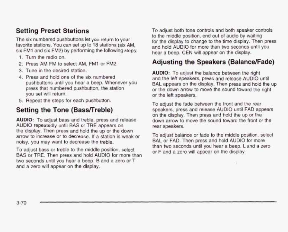 Setting preset stations, Setting the tone (bass/treble), Adjusting the speakers fbalance/fade) | GMC 2003 Sierra User Manual | Page 225 / 556