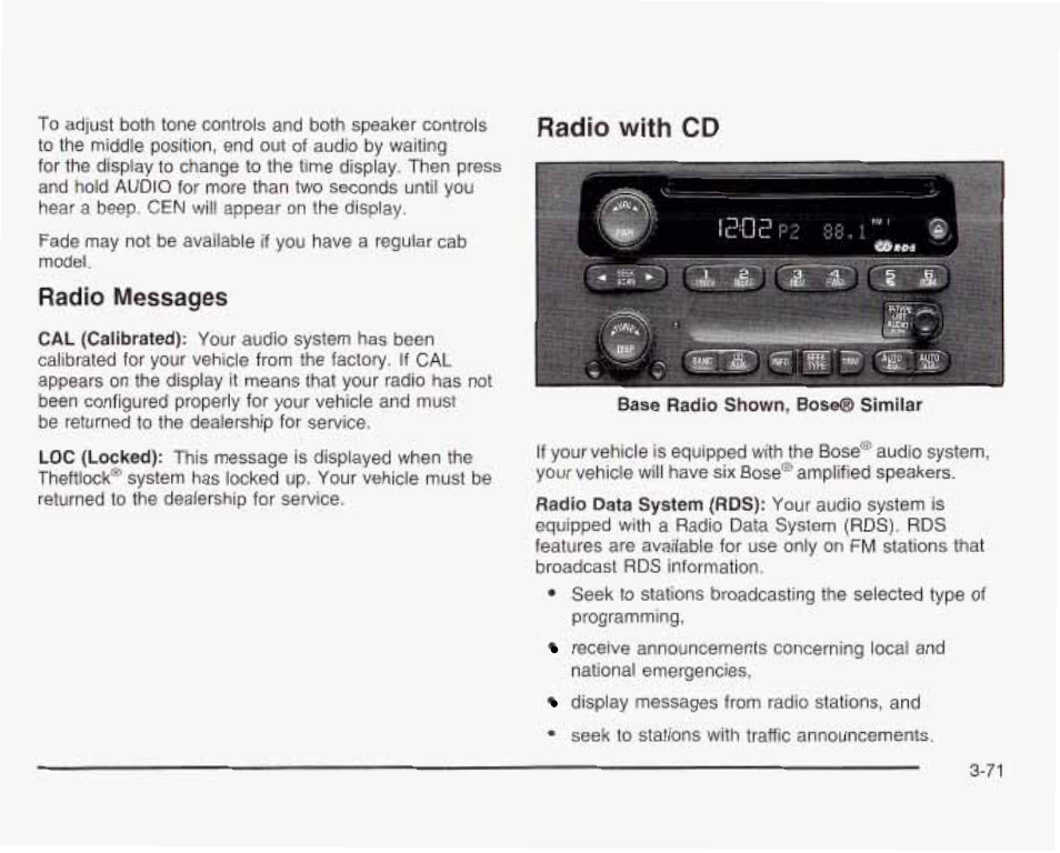 Radio messages, Radio with cd, S a , i | Radio with cd \eu^p2, Rd5) | GMC 2003 Sierra User Manual | Page 226 / 556