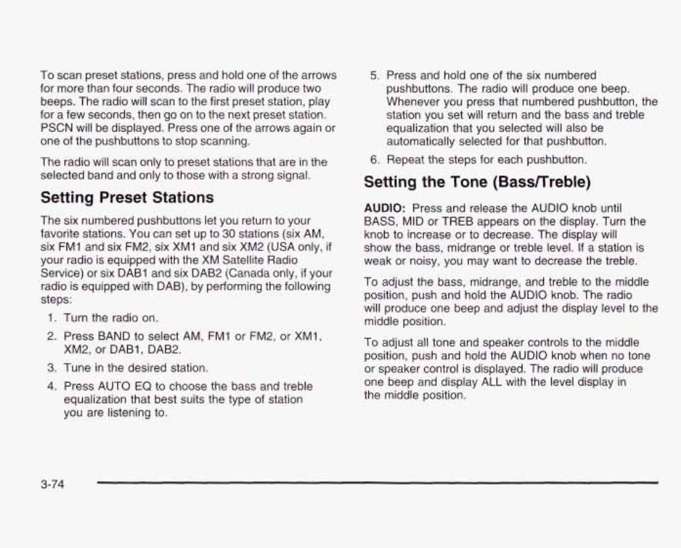 Setting preset stations, Setting the tone (bass/treble) | GMC 2003 Sierra User Manual | Page 229 / 556