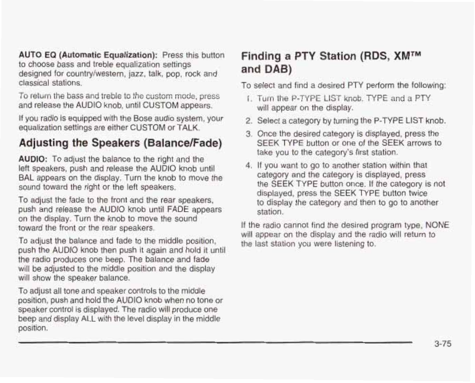 Adjusting the speakers (balance/fade), Finding a pty station (rds, xm™ and dab) | GMC 2003 Sierra User Manual | Page 230 / 556