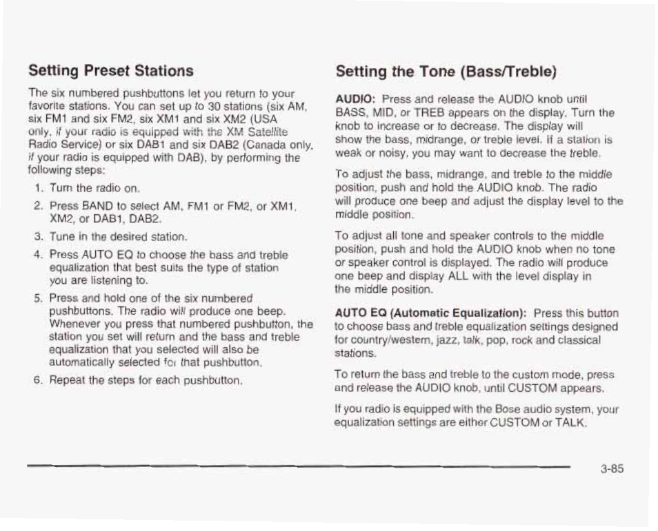 Setting preset stations, Setting the tone (bass/treble) | GMC 2003 Sierra User Manual | Page 240 / 556