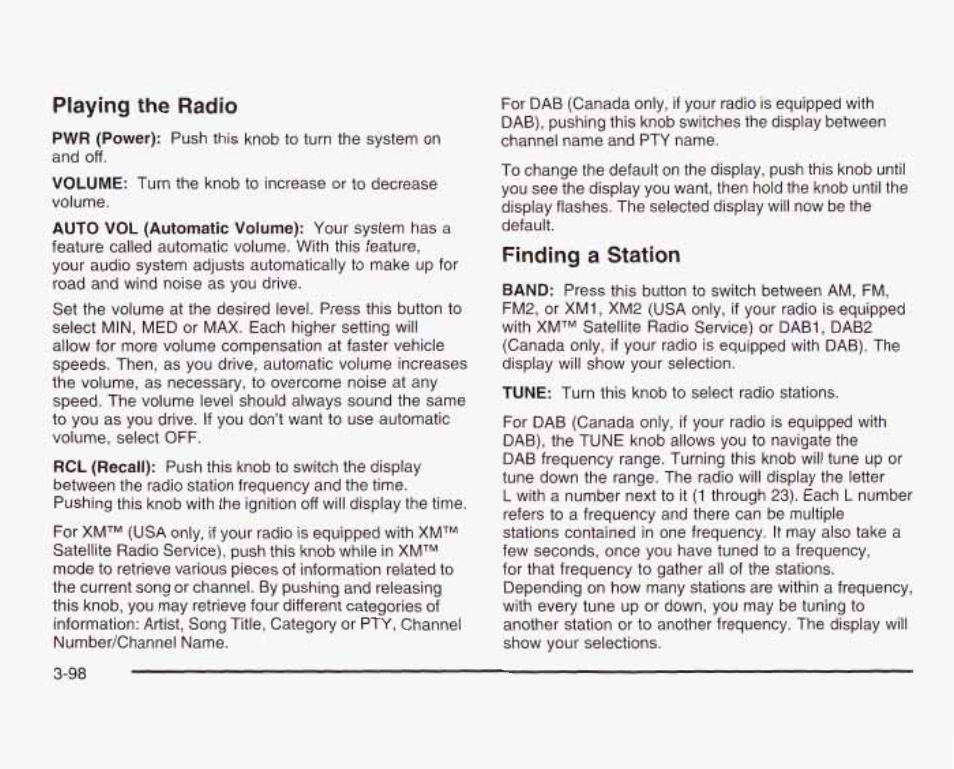 Peaying the radio, Finding a station | GMC 2003 Sierra User Manual | Page 253 / 556