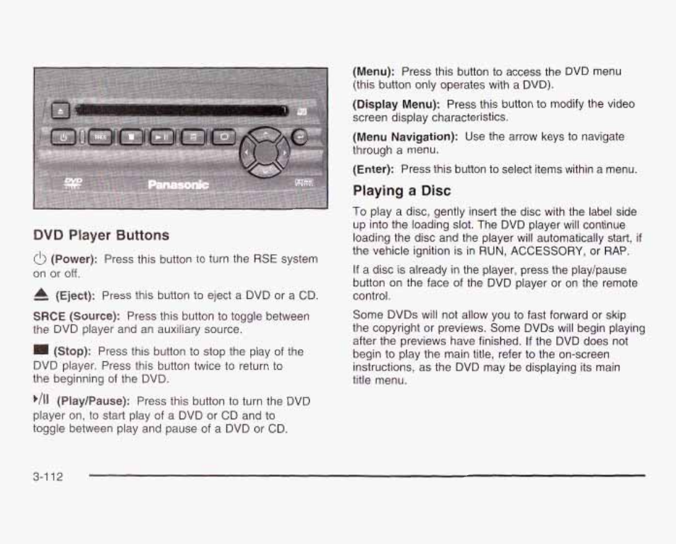 Dvd player buttons, Playing a disc | GMC 2003 Sierra User Manual | Page 267 / 556