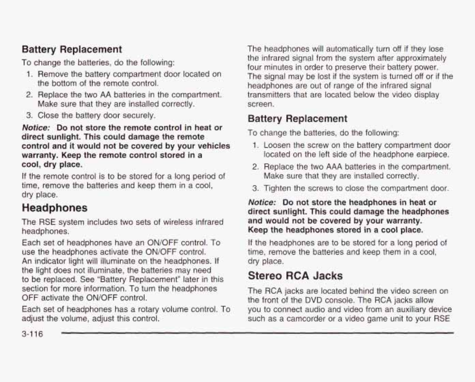 Headphones, Stereo rca jacks, Battery replacernent | Battery replacement | GMC 2003 Sierra User Manual | Page 271 / 556