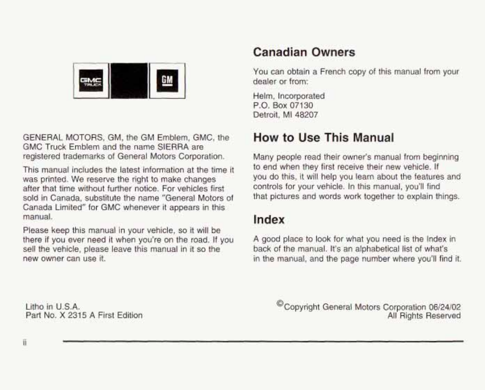 Canadian owners, How to use this manual, Index | GMC 2003 Sierra User Manual | Page 3 / 556