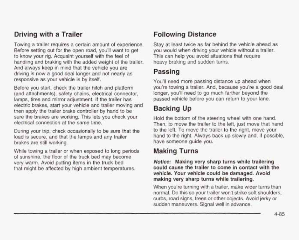 Driving with a trailer, Fomowirrg distance, Passing | Backing up, Making turns | GMC 2003 Sierra User Manual | Page 366 / 556