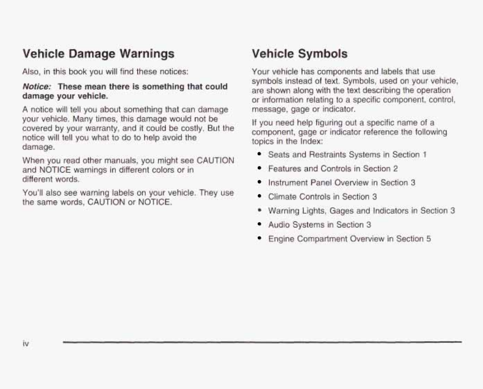 Vehicfe damage warnings, Vehicle symbols | GMC 2003 Sierra User Manual | Page 5 / 556