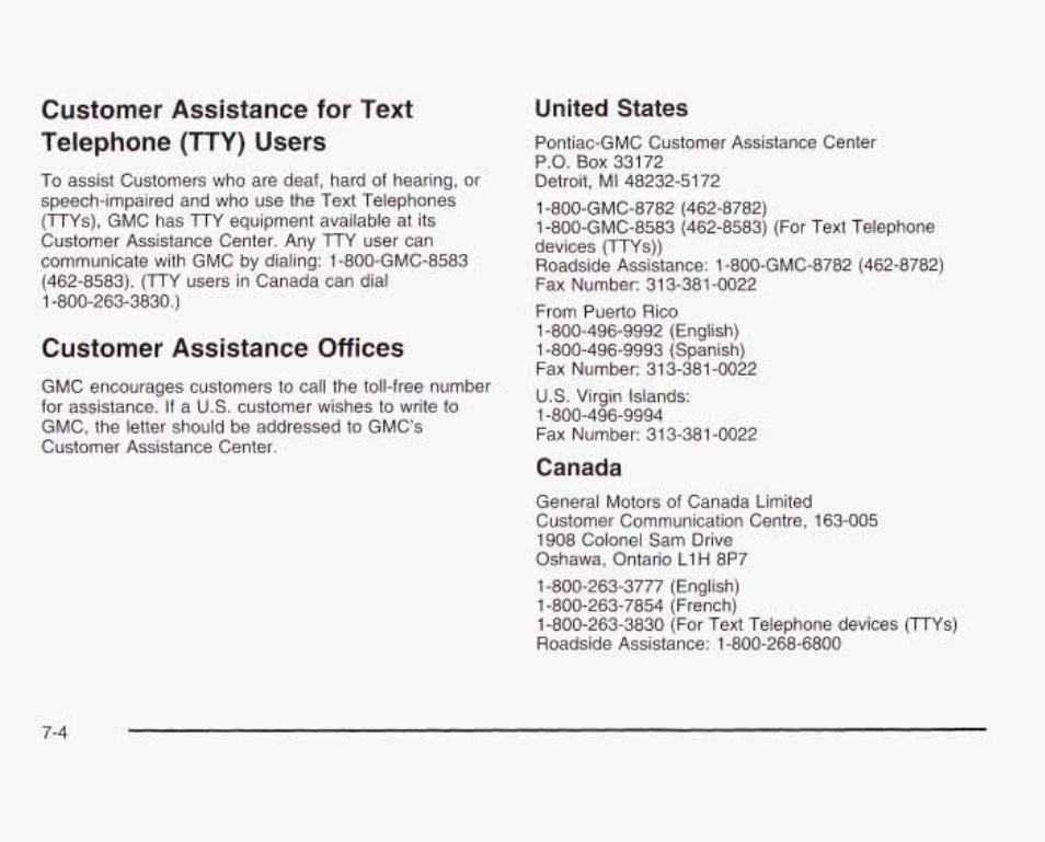 Customer assistance for text telephone (tty) users, Customer assistance offices, United states | Canada | GMC 2003 Sierra User Manual | Page 527 / 556