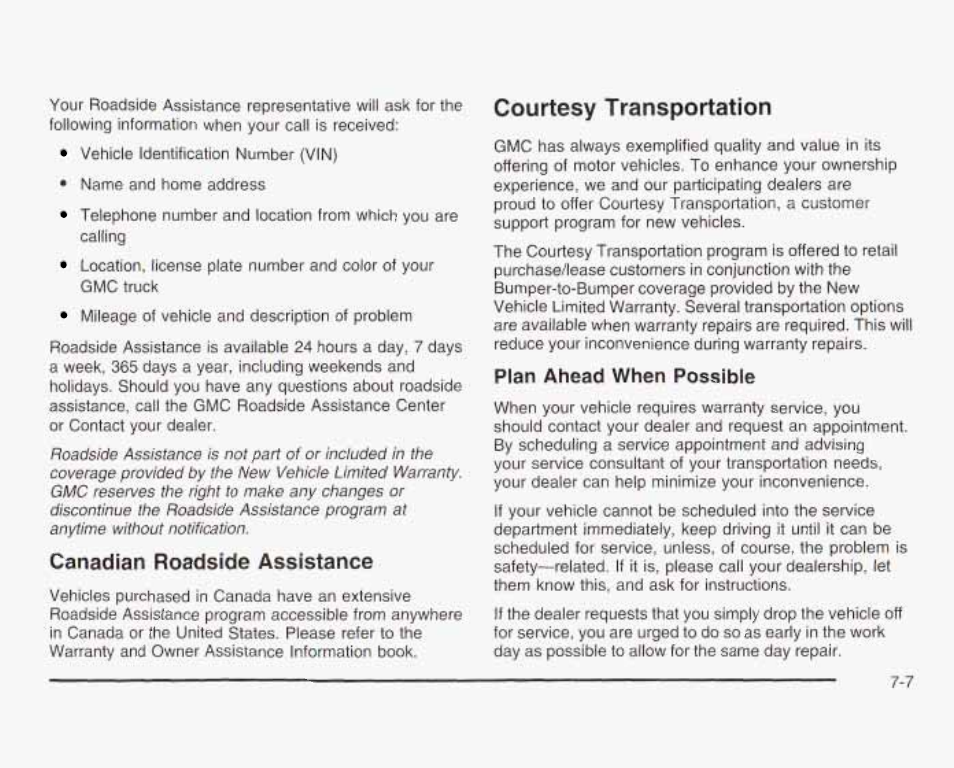 Canadian roadside assistance, Courtesy transportation | GMC 2003 Sierra User Manual | Page 530 / 556