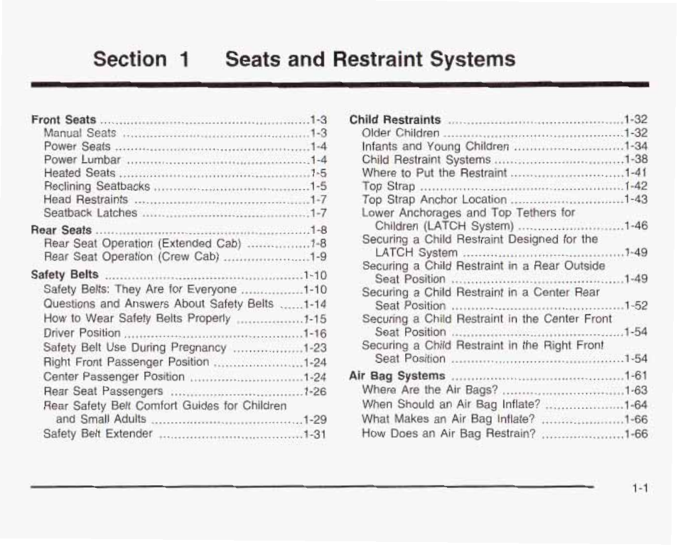 Section 1 seats and restraint systems | GMC 2003 Sierra User Manual | Page 8 / 556