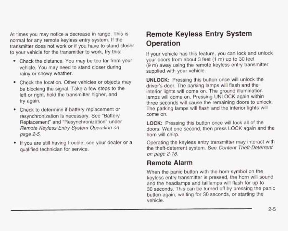 Remote keyless entry system operation, Remote alarm | GMC 2003 Sierra User Manual | Page 92 / 556