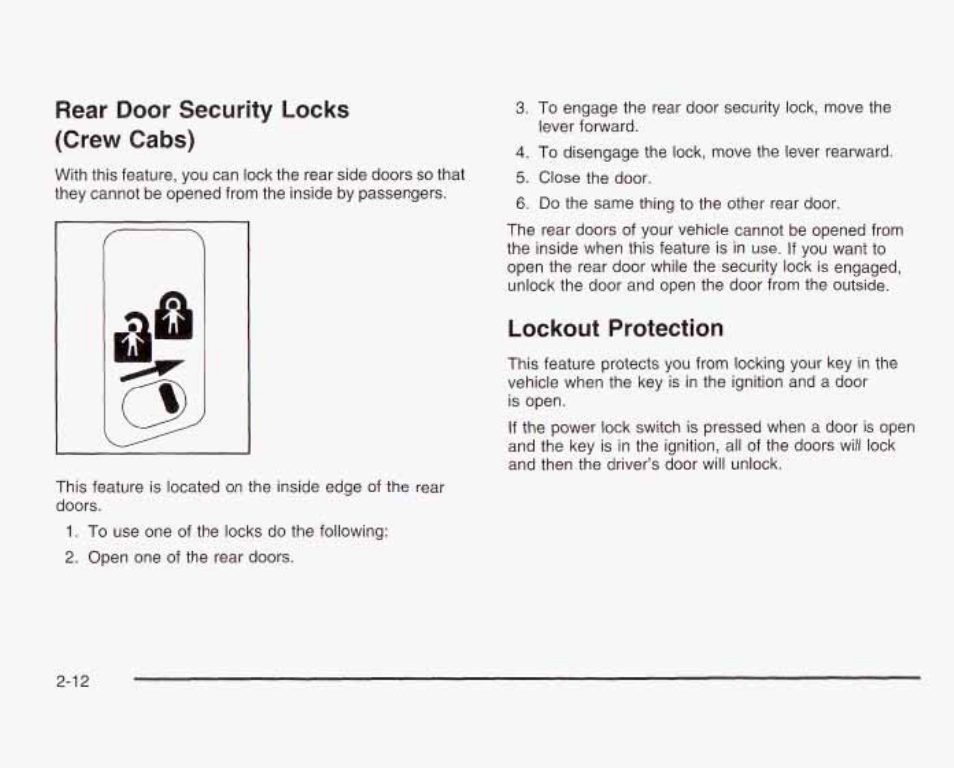 Rear door security locks (crew cabs), Lockout protection | GMC 2003 Sierra User Manual | Page 99 / 556