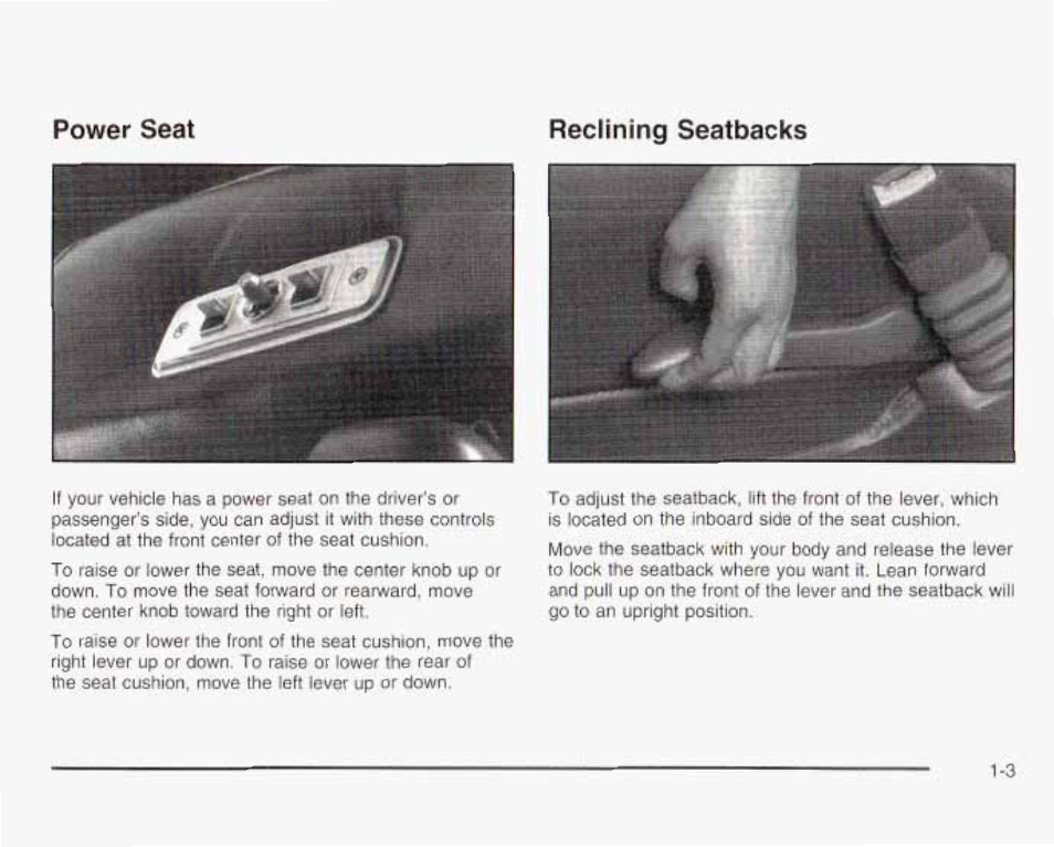 Recfining seatbacks, Power seat recfining seatbacks | GMC 2003 Savana User Manual | Page 10 / 400