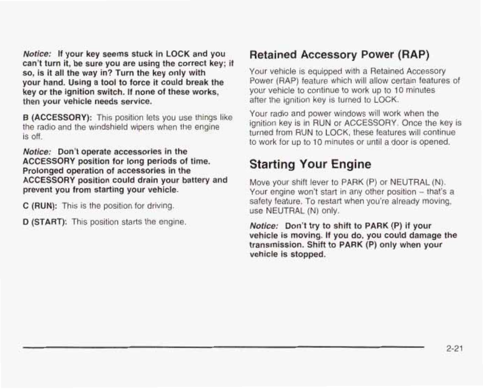 Retained accessory power (rap), Starting your engine | GMC 2003 Savana User Manual | Page 104 / 400