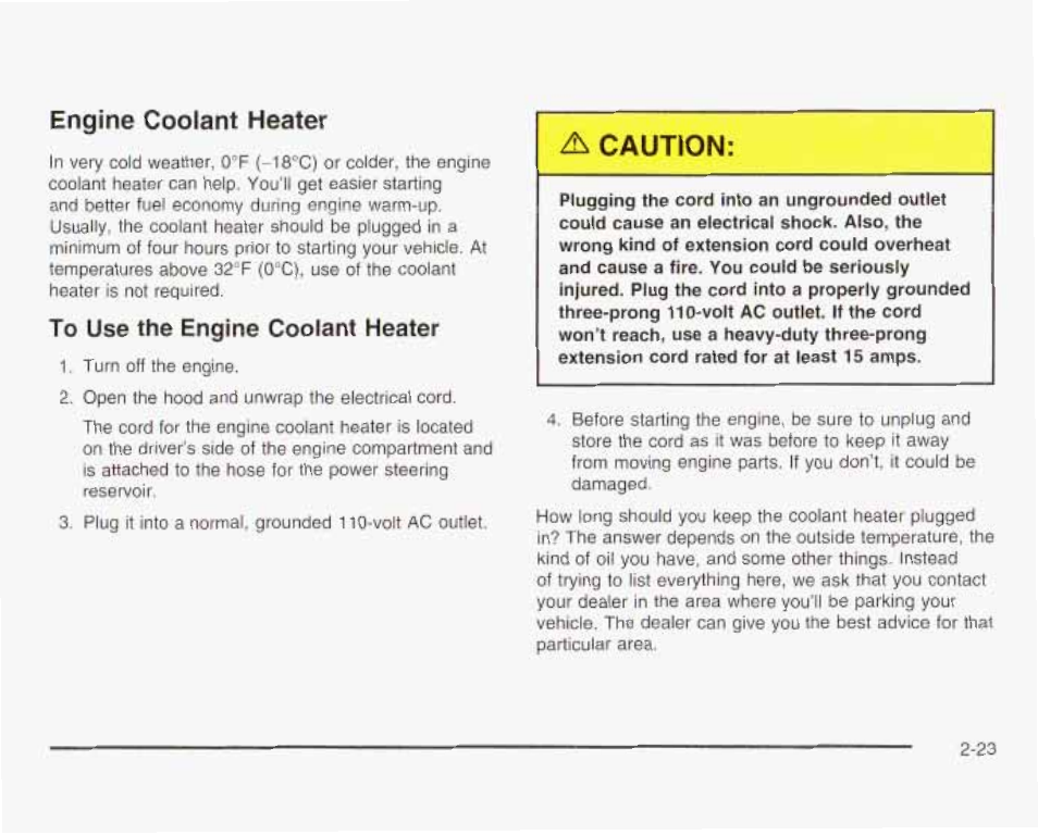 Engine coolant heater, To use the engine coolant heater | GMC 2003 Savana User Manual | Page 106 / 400