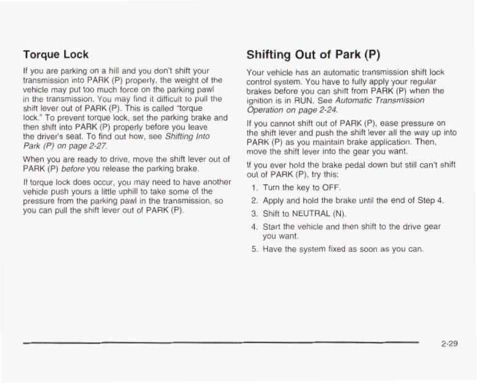 Torque lock, Shifting out of park (p) | GMC 2003 Savana User Manual | Page 112 / 400