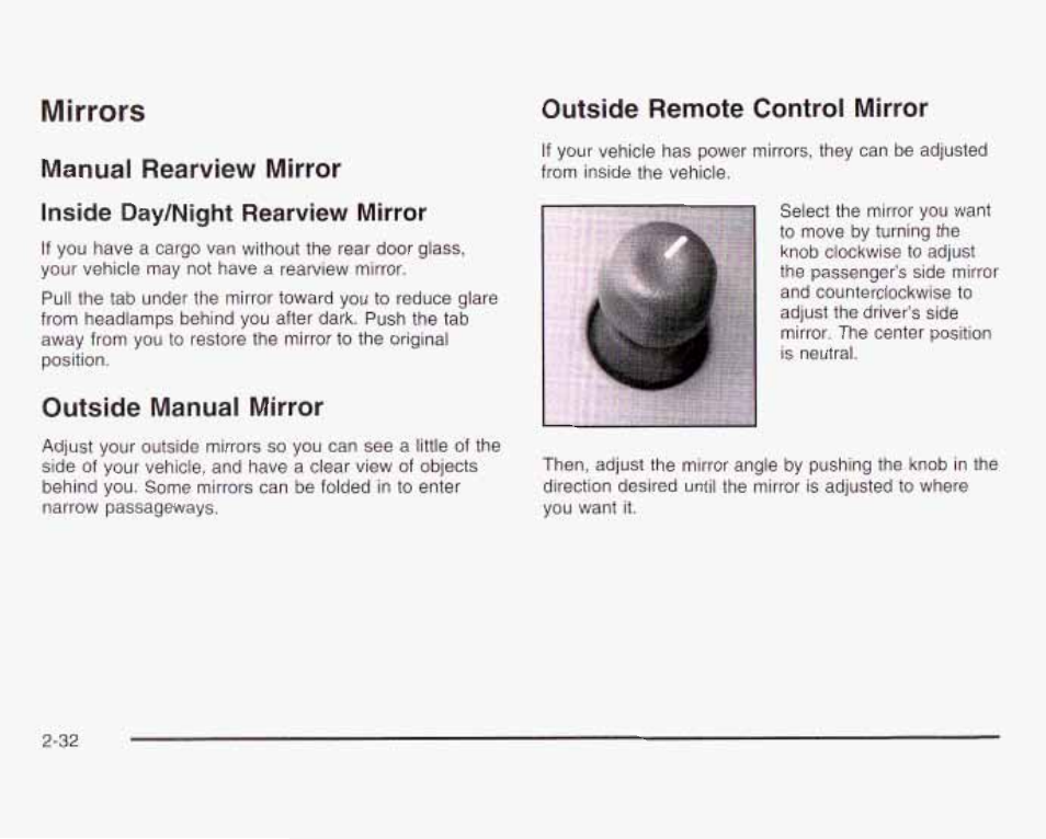 Outside manual mirror, Mirrors, Manual | Mirror, Day/night rearview, Outside remote control mirror, Rearview, Inside | GMC 2003 Savana User Manual | Page 115 / 400
