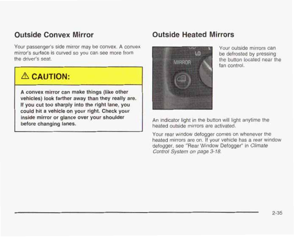 Outside convex mlfror, Outside heated mirrors, Caution | F (vllhhon, Outside convex mlfror outside heated mirrors | GMC 2003 Savana User Manual | Page 118 / 400