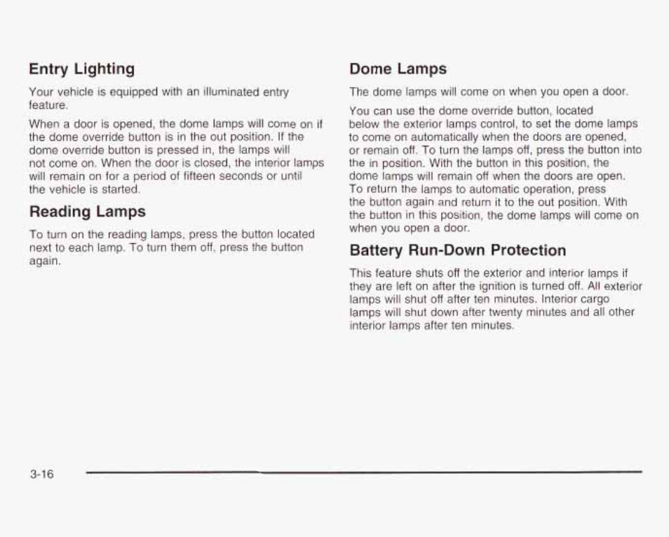 Entry lighting, Fieaiiing lamps, Dome lamps | Battery run-down protection | GMC 2003 Savana User Manual | Page 137 / 400