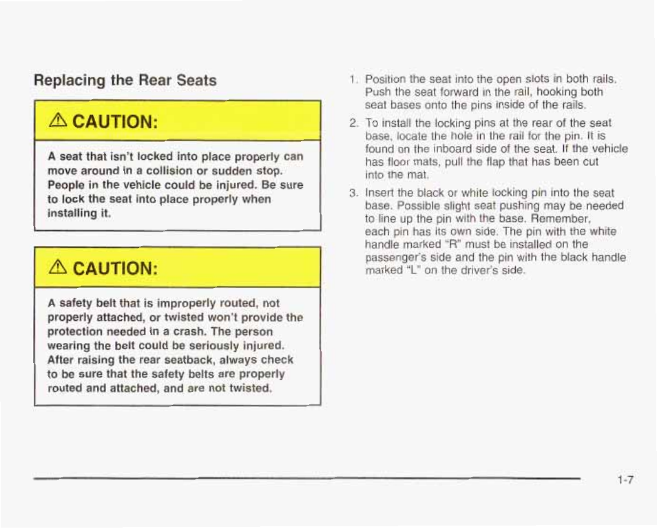 Replacing the rear seats, A caution | GMC 2003 Savana User Manual | Page 14 / 400