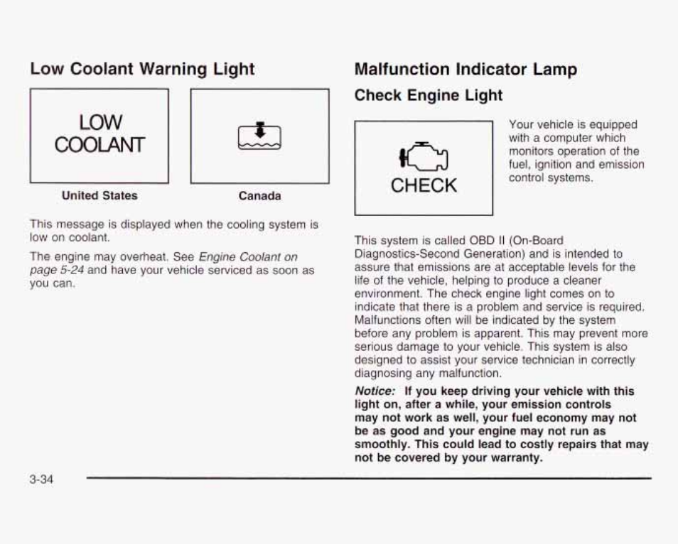 Low coolant warning light, Malfunction indicator lamp check engine light | GMC 2003 Savana User Manual | Page 155 / 400