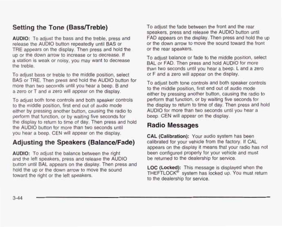Setting the tone (bass/treble), Adjusting the speakers (balance/fade), Radio messages | GMC 2003 Savana User Manual | Page 165 / 400