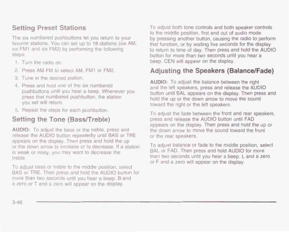 Setting preset stations, Setting the tone (bass/trebie), Adjusting the speakers (balance/fade) | GMC 2003 Savana User Manual | Page 167 / 400